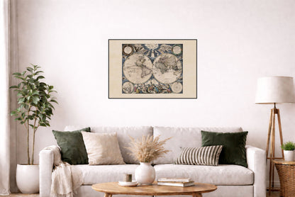 Póster del mapa mundial de Pieter Goos 1667 - con ilustración ornamentada y estilo atlas